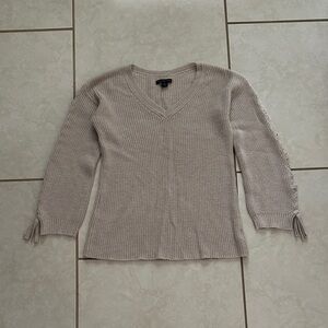 Beige V-Neck Sweater with Tie Details